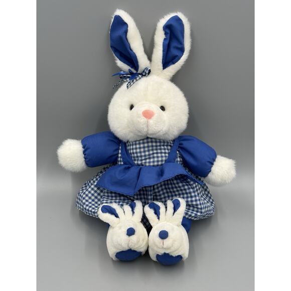 White & Blue Rabbit Plush 12” Stuffed Animal In Checkered Dress & Bunny Slippers - Picture 1 of 7